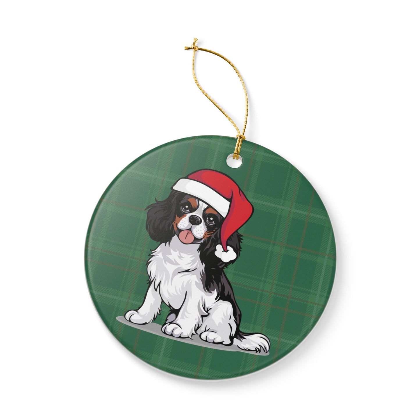 Cavalier King Charles Spaniel Dog Christmas Tree Ornament, Santa Dogs Holiday Decorations, Pet Lover Gift, Green Plaid Ceramic Ornaments