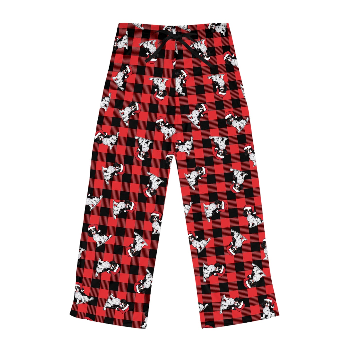 Cavalier King Charles Spaniel Dog Womens Christmas Pajama Pants, Santa Dogs Red PJ Bottoms, Loungewear