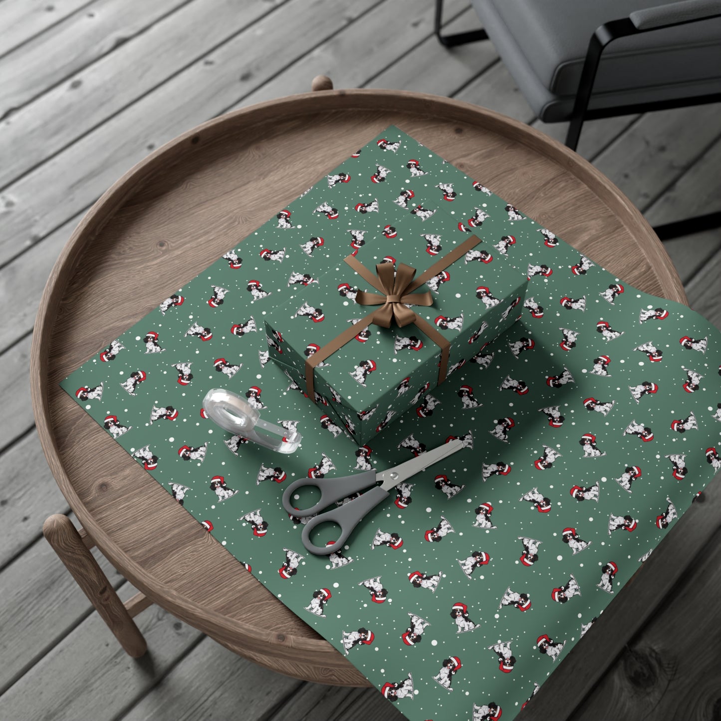 Cavalier King Charles Spaniel Dog Christmas Wrapping Paper, Dogs Print, Cheery Holiday Gift Wrap With Snowy Xmas Puppy In Santa Hat