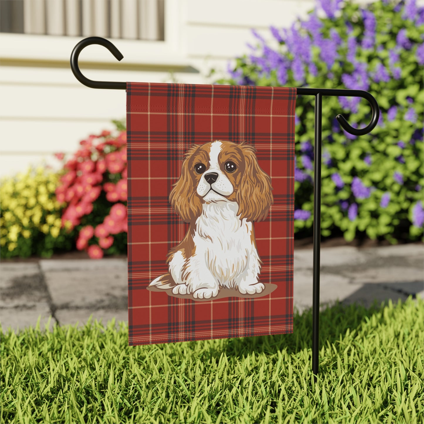 Blenheim Cavalier King Charles Spaniel Red Tartan Plaid Outdoor Garden Banner Flag, Christmas Holiday Yard Decorations