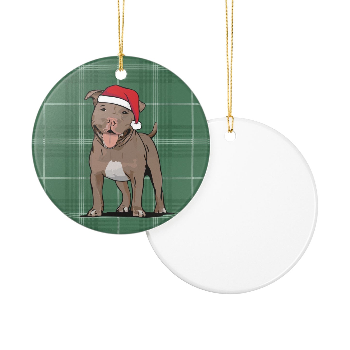 Santa Pit Bull Dog Christmas Tree Ornament, Xmas Pitbull Dogs Holiday Decorations, Pet Lover Gift, Green Plaid Ceramic Ornaments