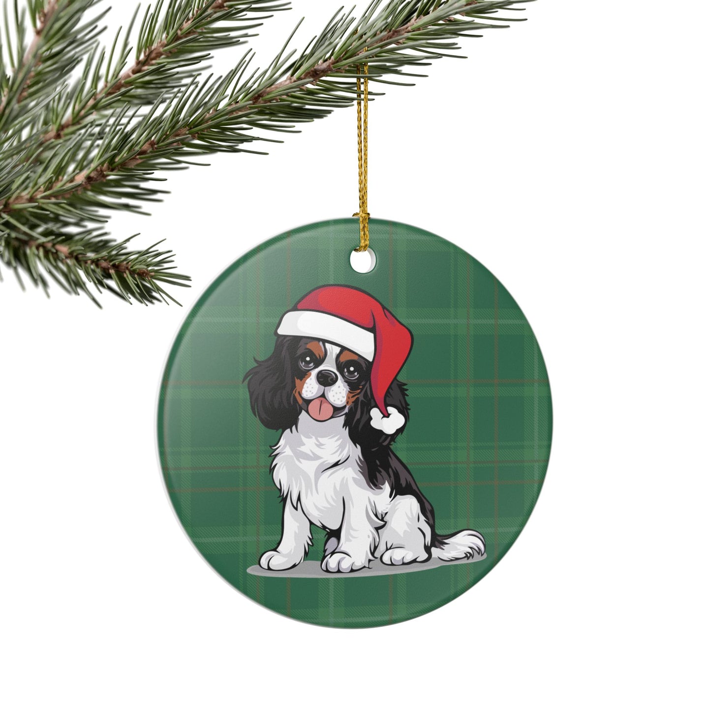 Cavalier King Charles Spaniel Dog Christmas Tree Ornament, Santa Dogs Holiday Decorations, Pet Lover Gift, Green Plaid Ceramic Ornaments