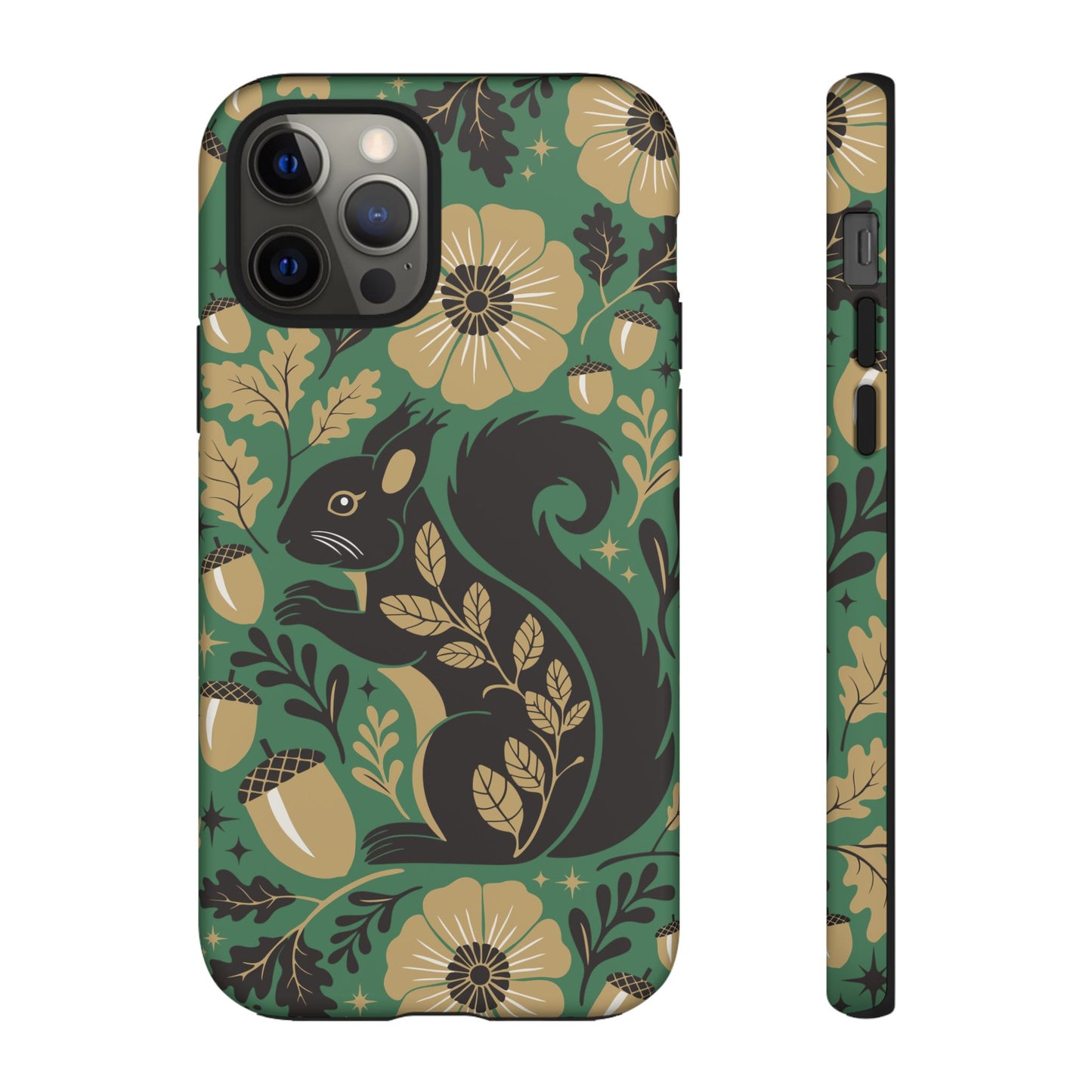 Green Squirrel Floral Pattern Cell Phone Case | Botanical Folk Art Acorn Leaves Design, Iphone Google Pixel Samsung Cases Matte Finish