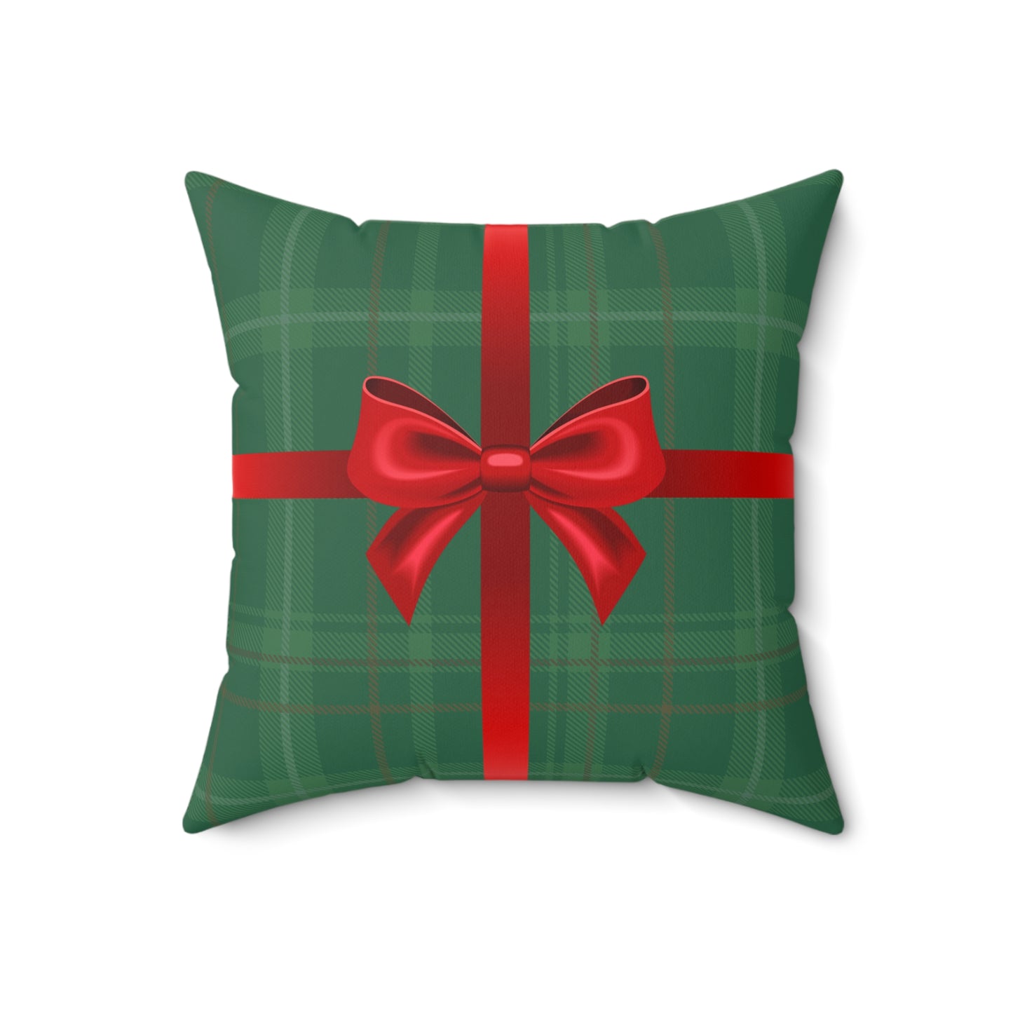 Holiday Gift Throw Pillow, Red Bow on Green Plaid Wrapped Present Pillows, Christmas Home Decor Xmas Decorations, Square Cushion and Cover