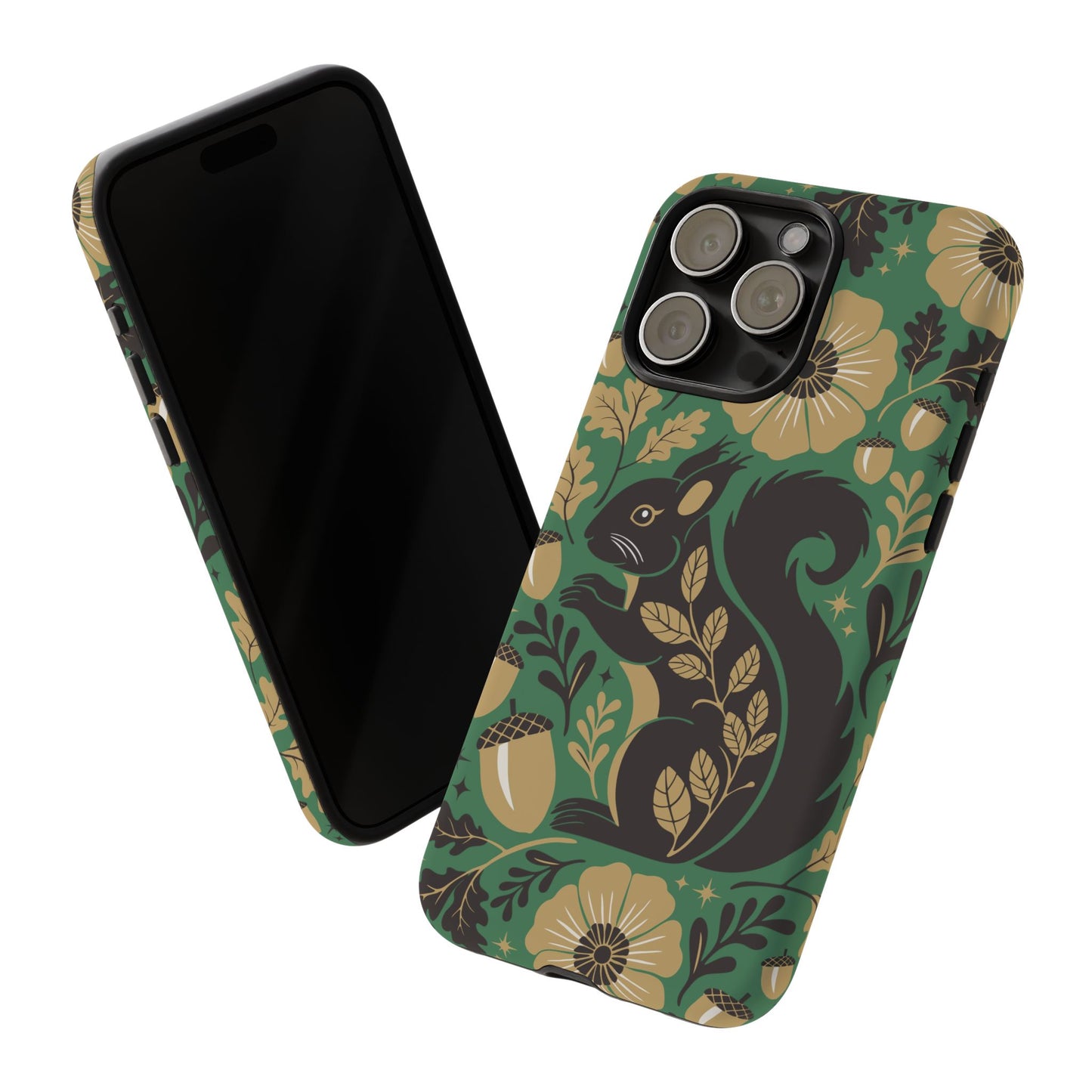 Green Squirrel Floral Pattern Cell Phone Case | Botanical Folk Art Acorn Leaves Design, Iphone Google Pixel Samsung Cases Matte Finish