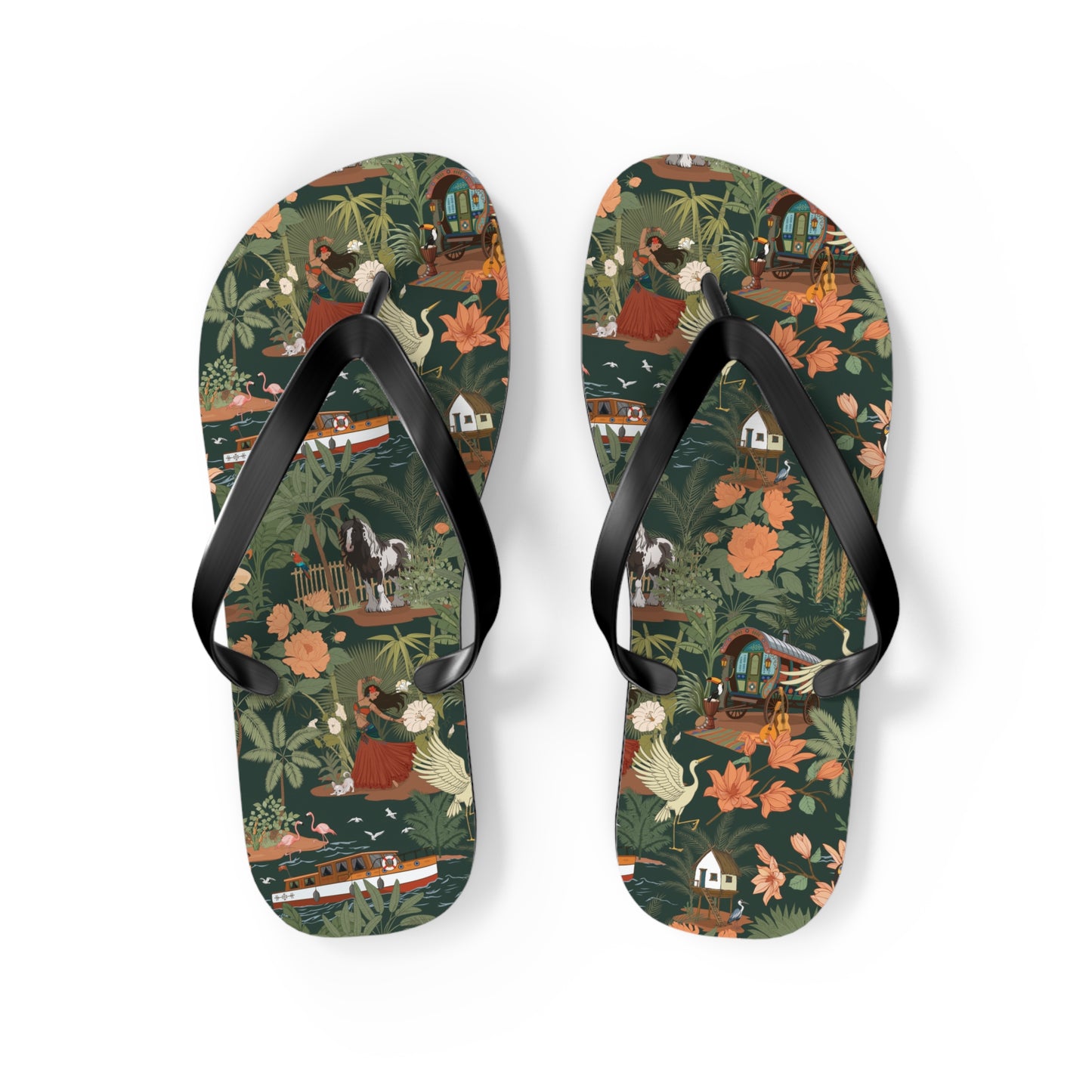 Tropical Nomad Floral Island Flip Flops | Vintage Travel Birds Pattern Sandals
