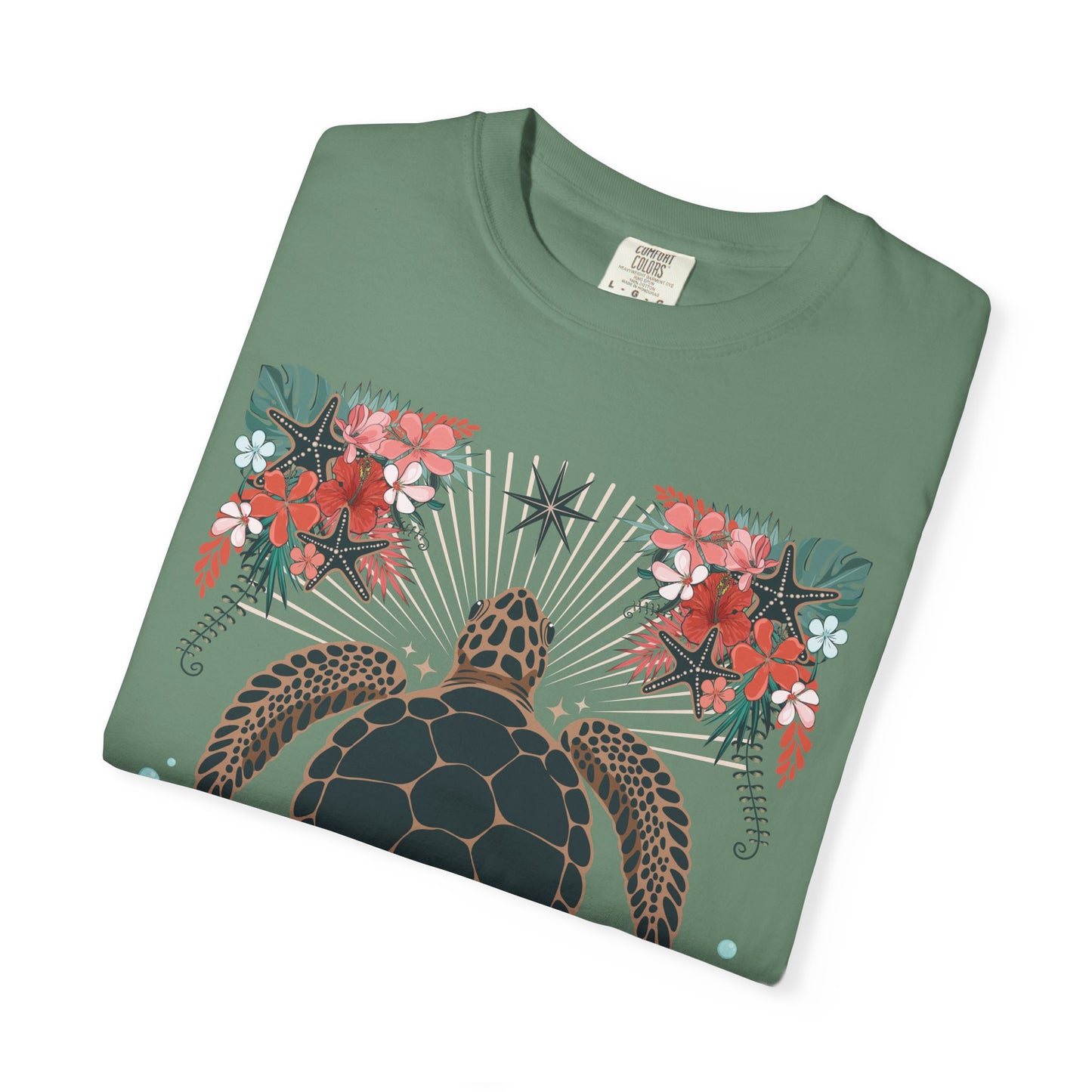 Sea Turtle Floral T-Shirt - Hawaii Coastal Ocean Turtles Tropical Flowers Coral Starfish and Shells Graphic Tee