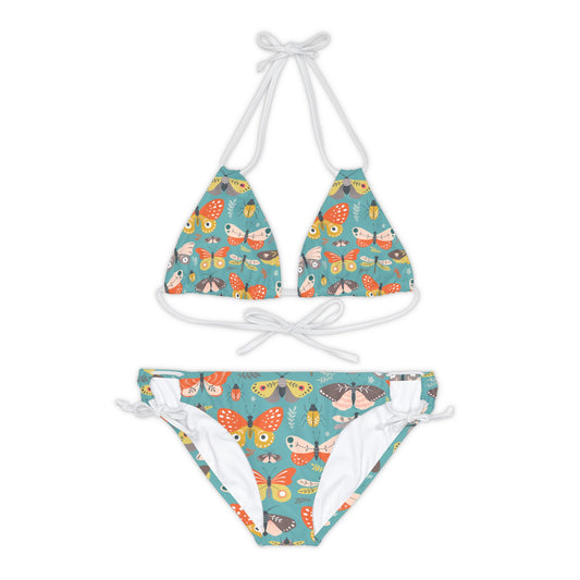 Flutter Frolic Moth, Dragonlfly, Butterfly and Little Insects 2 Piece Top & Bottom Strappy Bikini Swimsuit Set for Women