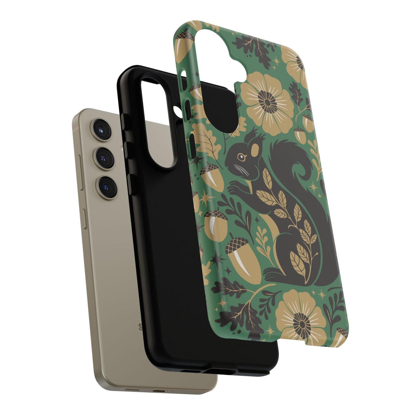 Green Squirrel Floral Pattern Cell Phone Case | Botanical Folk Art Acorn Leaves Design, Iphone Google Pixel Samsung Cases Matte Finish