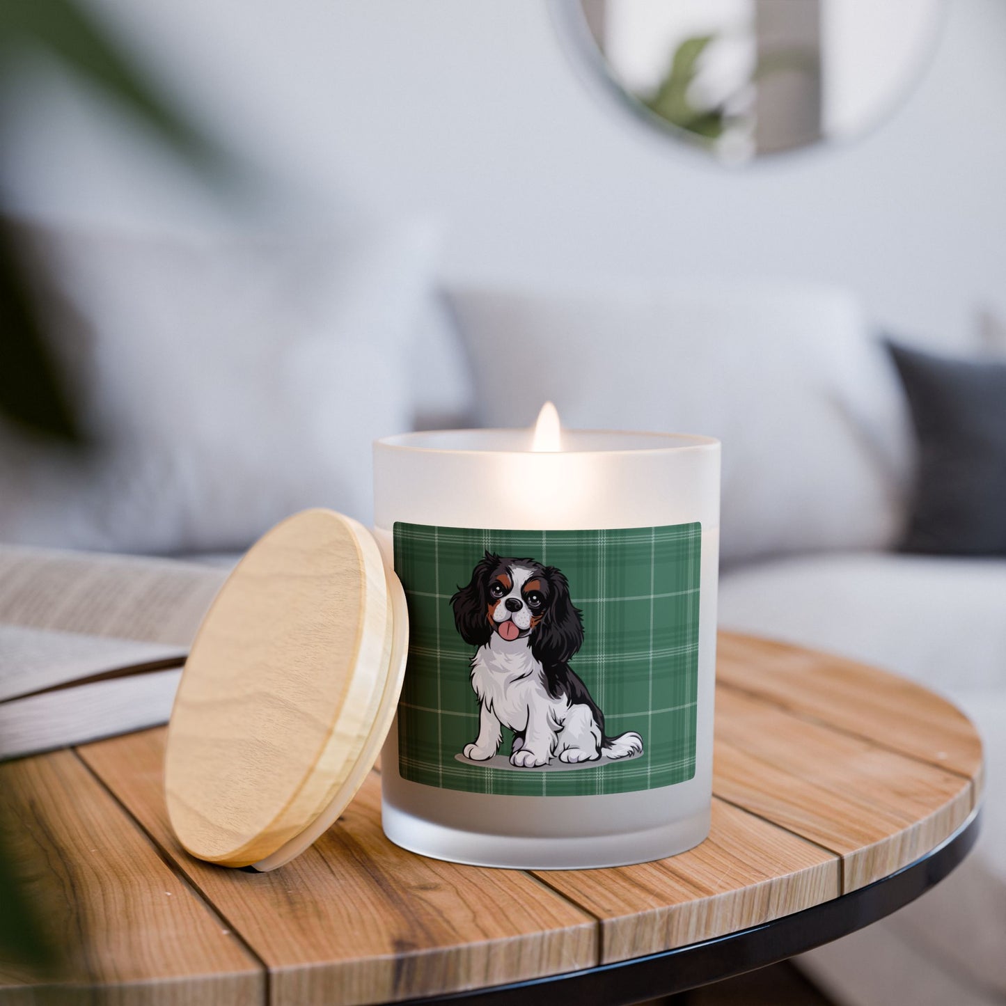 Tricolor Cavalier King Charles Spaniel Dog Frosted Glass Candle, Holiday Christmas Candles Pet Memorial Gifts