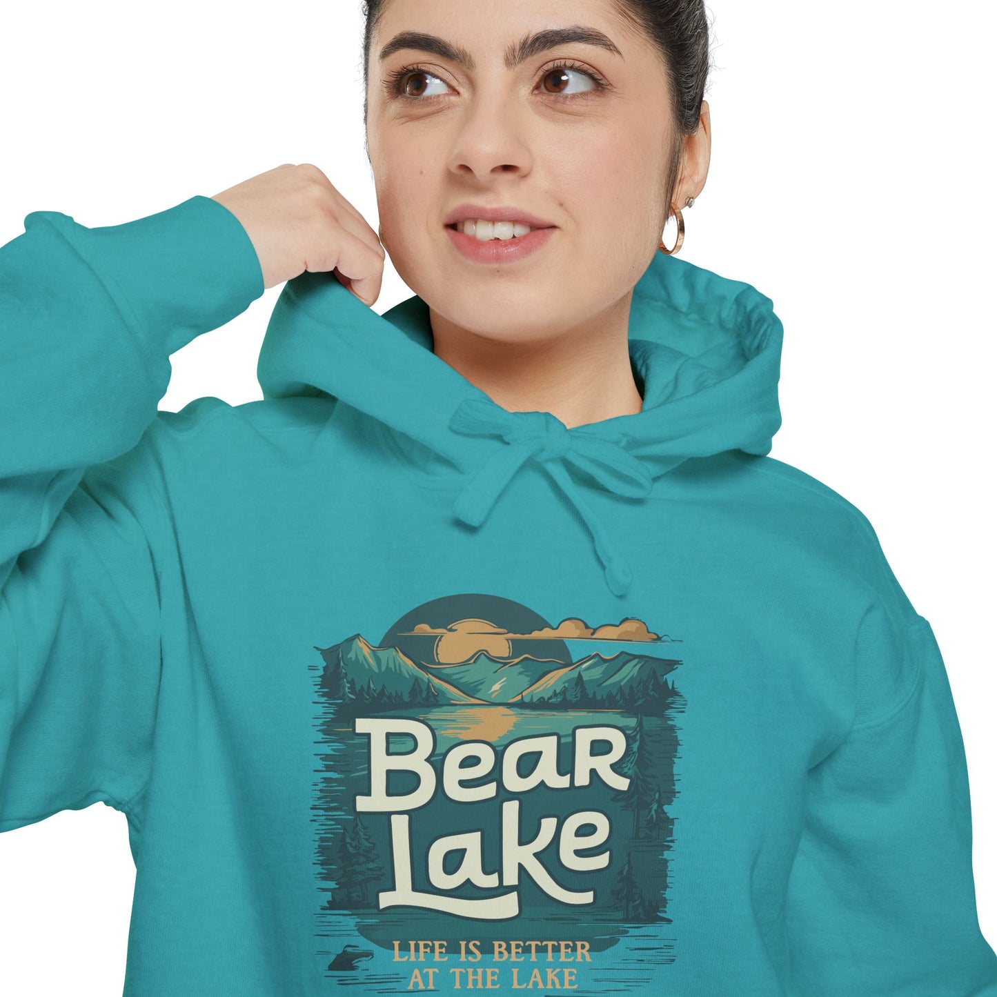 Bear Lake Scenic Mountain View Unisex Garment-Dyed Pullover Hoodie Hooded Sweatshirt with Utah Idaho Vacation Destination