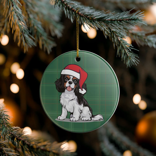 Cavalier King Charles Spaniel Dog Christmas Tree Ornament, Santa Dogs Holiday Decorations, Pet Lover Gift, Green Plaid Ceramic Ornaments