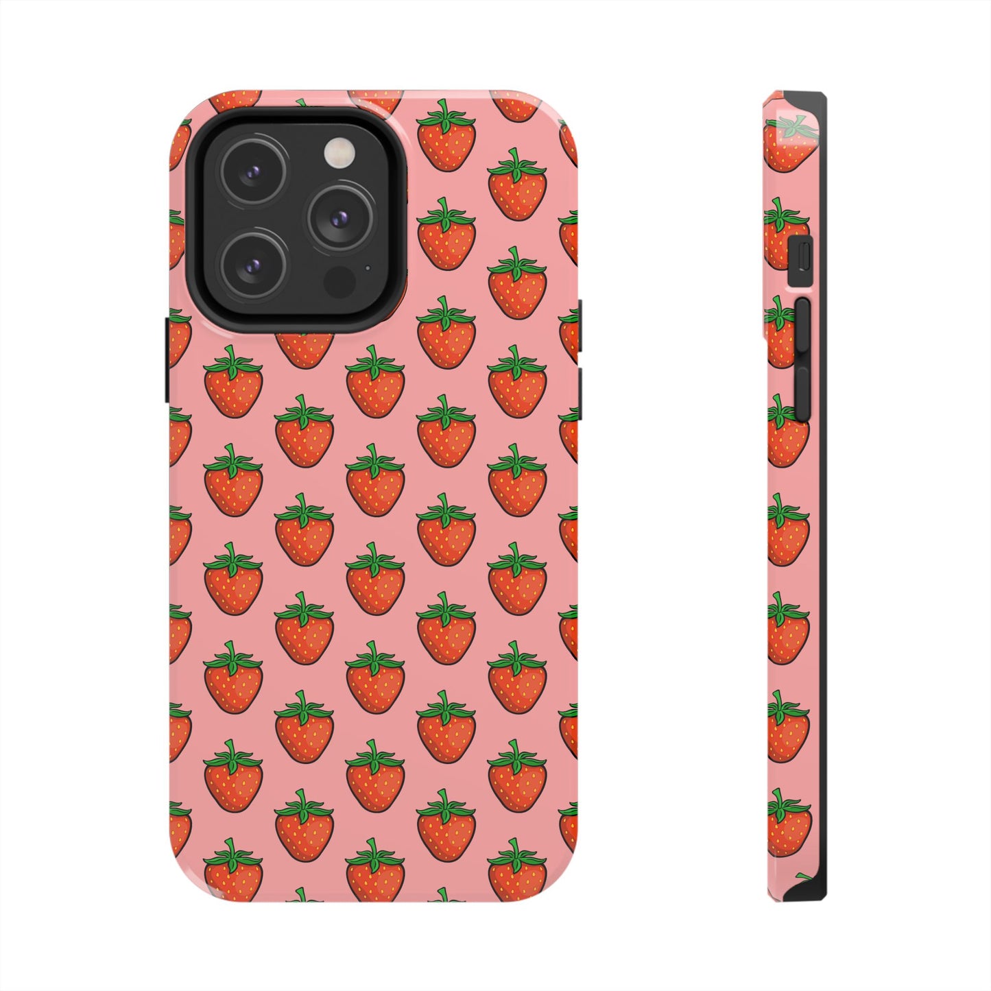 Strawberry Pattern Tough Phone Case, Cute Pink Berry Fruit Strawberries Design Cell Phone Cases