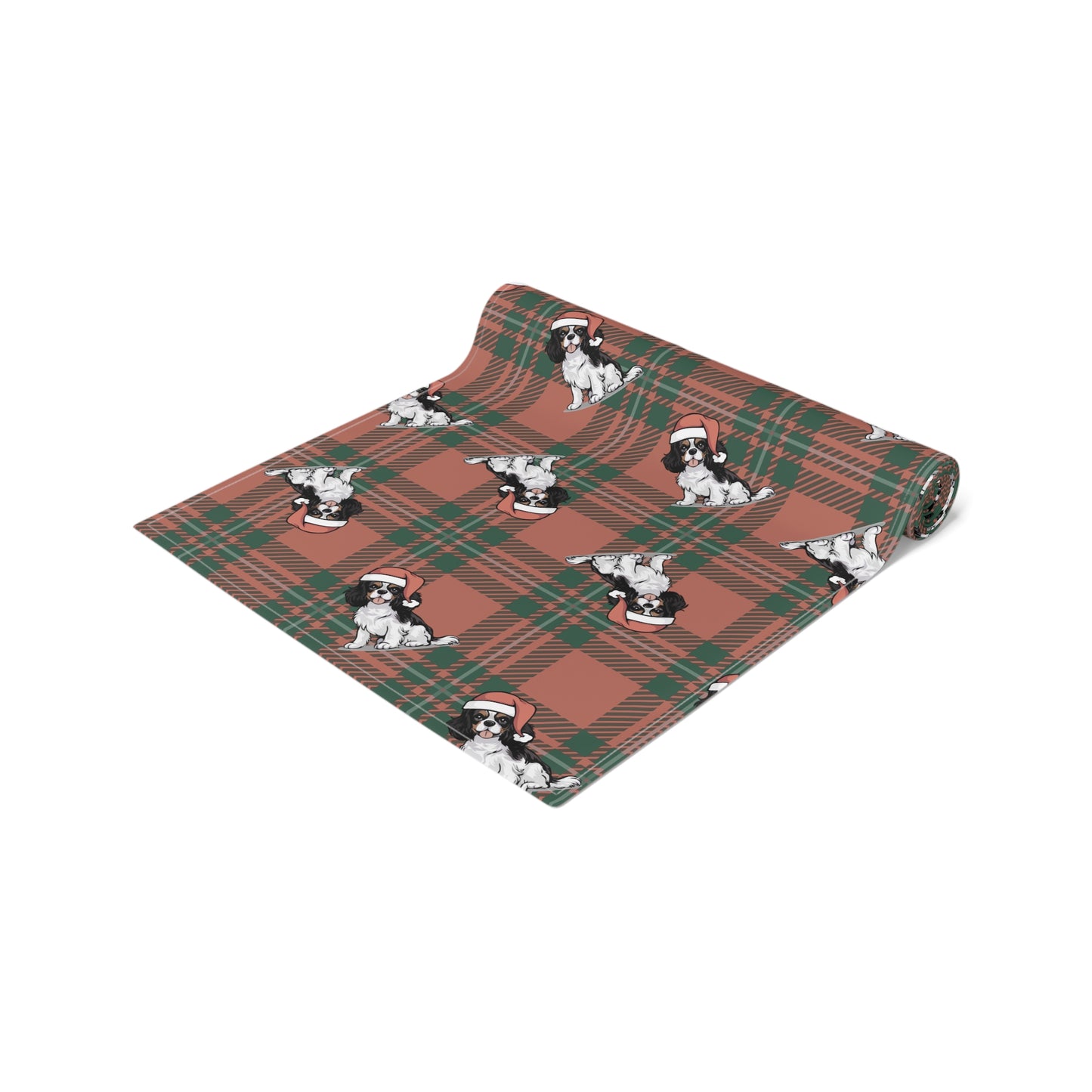 Festive Cavalier King Charles Spaniel Dog Holiday Table Runner, Christmas Home Decor, Dining Tablecloth Linens, Plaid Table Setting Runners