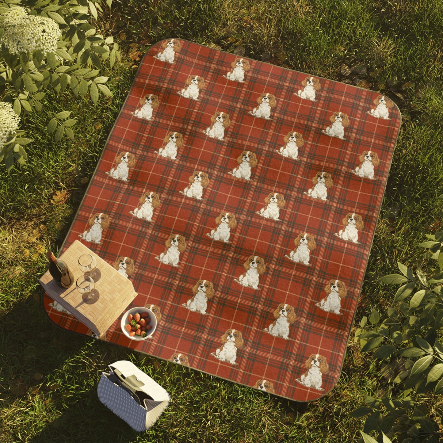 Blenheim Cavalier King Charles Spaniel Dogs Plaid Picnic Blanket | Red Tartan Dog Pattern Blankets