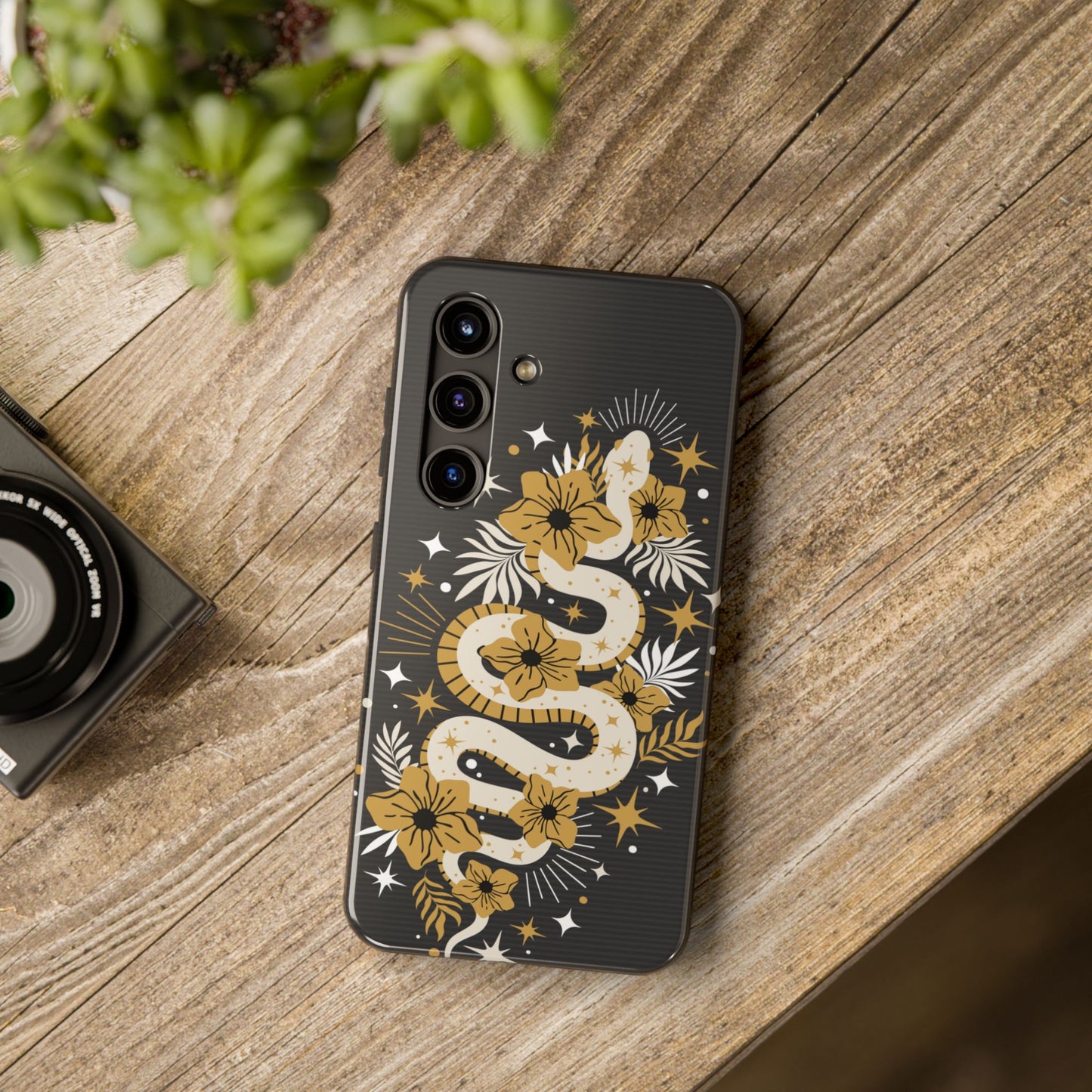 Mystic Snake Cell Phone Case, Black Tough Cases, Protective Floral Golden Serpent Boho Design