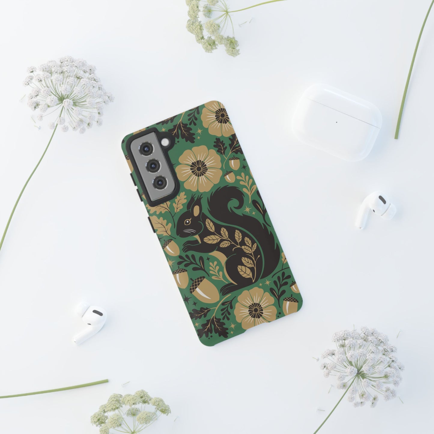 Green Squirrel Floral Pattern Cell Phone Case | Botanical Folk Art Acorn Leaves Design, Iphone Google Pixel Samsung Cases Matte Finish