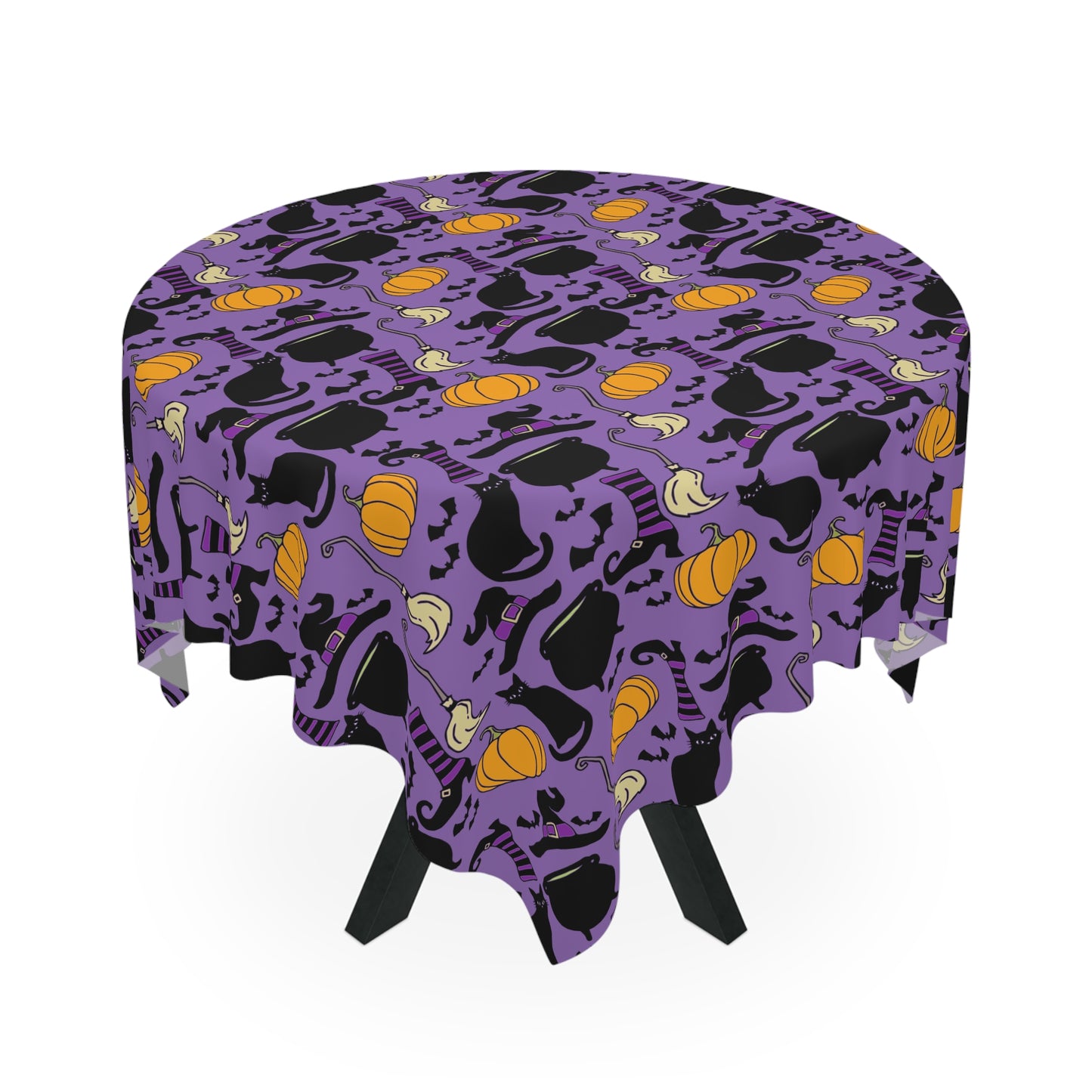 Witchy Things Halloween Tablecloth 55x55" Spooky Kitchen Party Decor Fabric Tablet Cloth Witch Hats, Black Cats, Pumpkins, Bats, Cauldrons