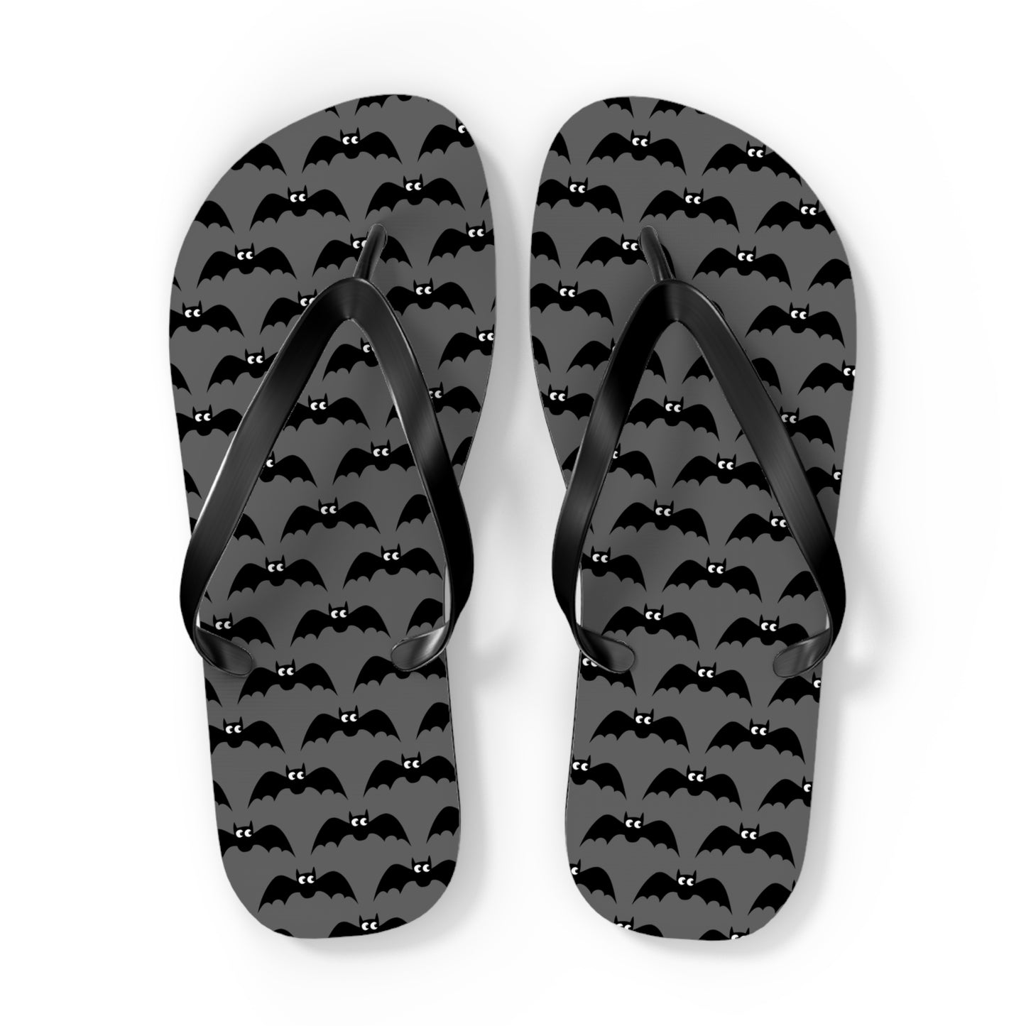 Bat Pattern Flip Flops | Black & Gray Goth Halloween Bats Print Sandals, Gothic Beach Pool Summer Footwear