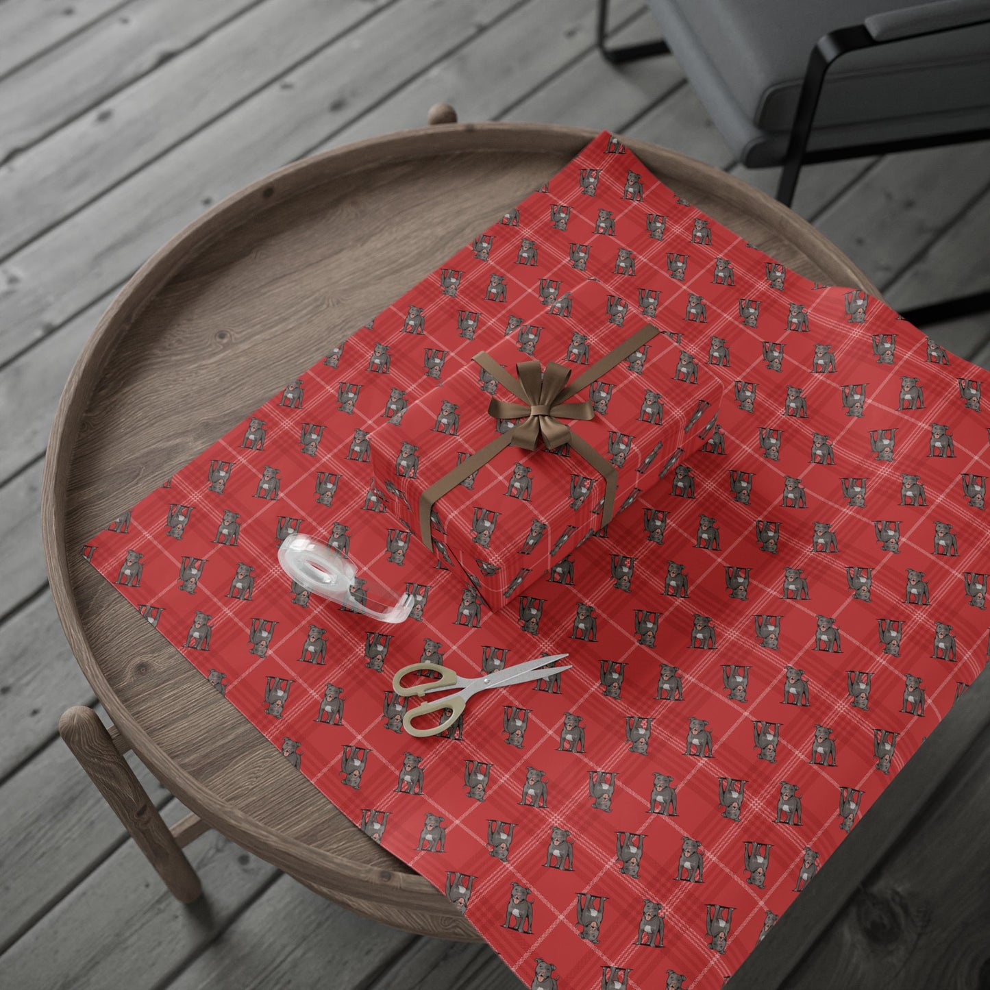 Pit Bull Terrier Dog Wrapping Paper, Red Plaid Dogs Print Gift Wrap Roll, Pitbulls Christmas Holiday Birthday Matte Wrapping Papers