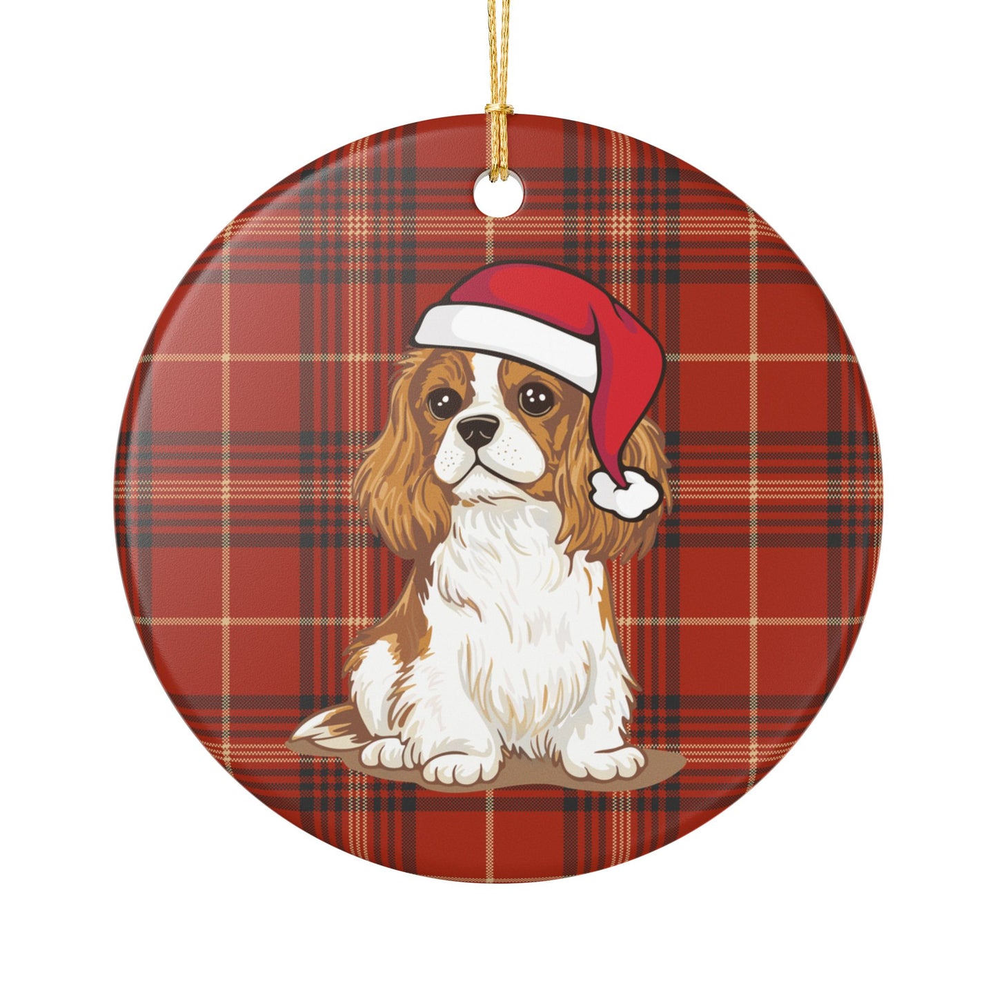 Cavalier King Charles Spaniel Dog Christmas Tree Ornament, Santa Dogs Holiday Decorations, Pet Lover Gift, Red Plaid Ceramic Ornaments