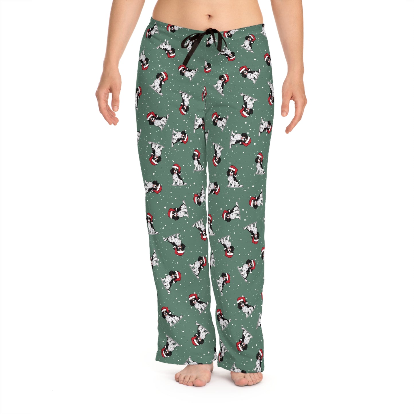 Christmas Cavalier King Charles Spaniel Dog Women's Pajama Pants, Holiday Xmas Dogs In Santa Hat Drawstring Pajamas, Winter Pajama Bottoms