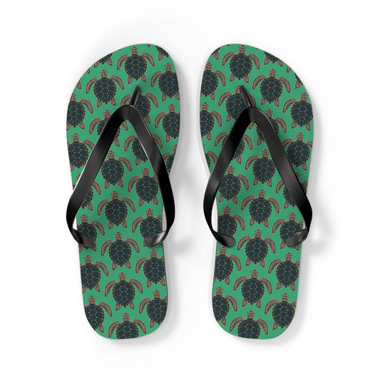 Sea Turtle Pattern Flip Flops | Tropical Green Turtles Beach Sandals, Summer Vacation Pool Attire Ocean Wildlife Nature Pattern
