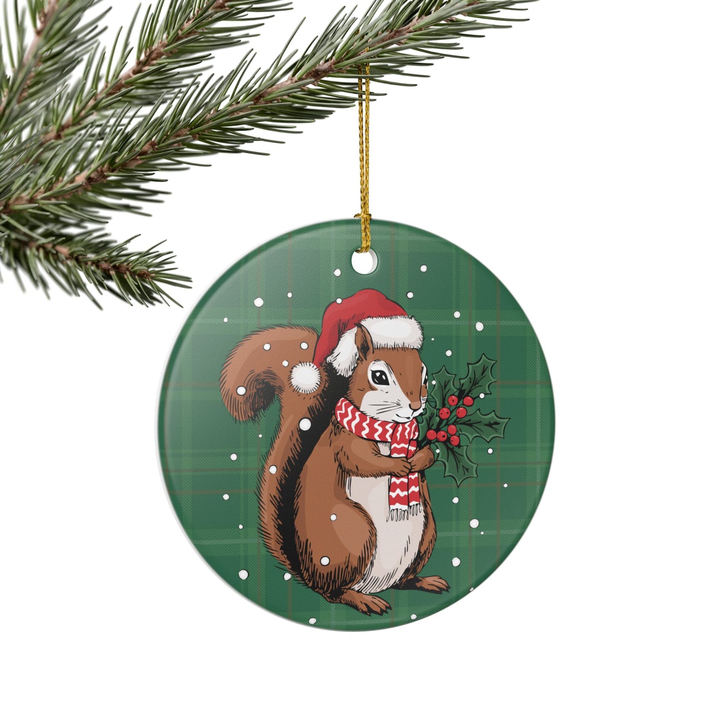 Santa Squirrel Christmas Tree Ornament, Xmas Squirrels Holiday Decorations, Green Plaid Ceramic Ornaments, Woodland Animals Theme Decor