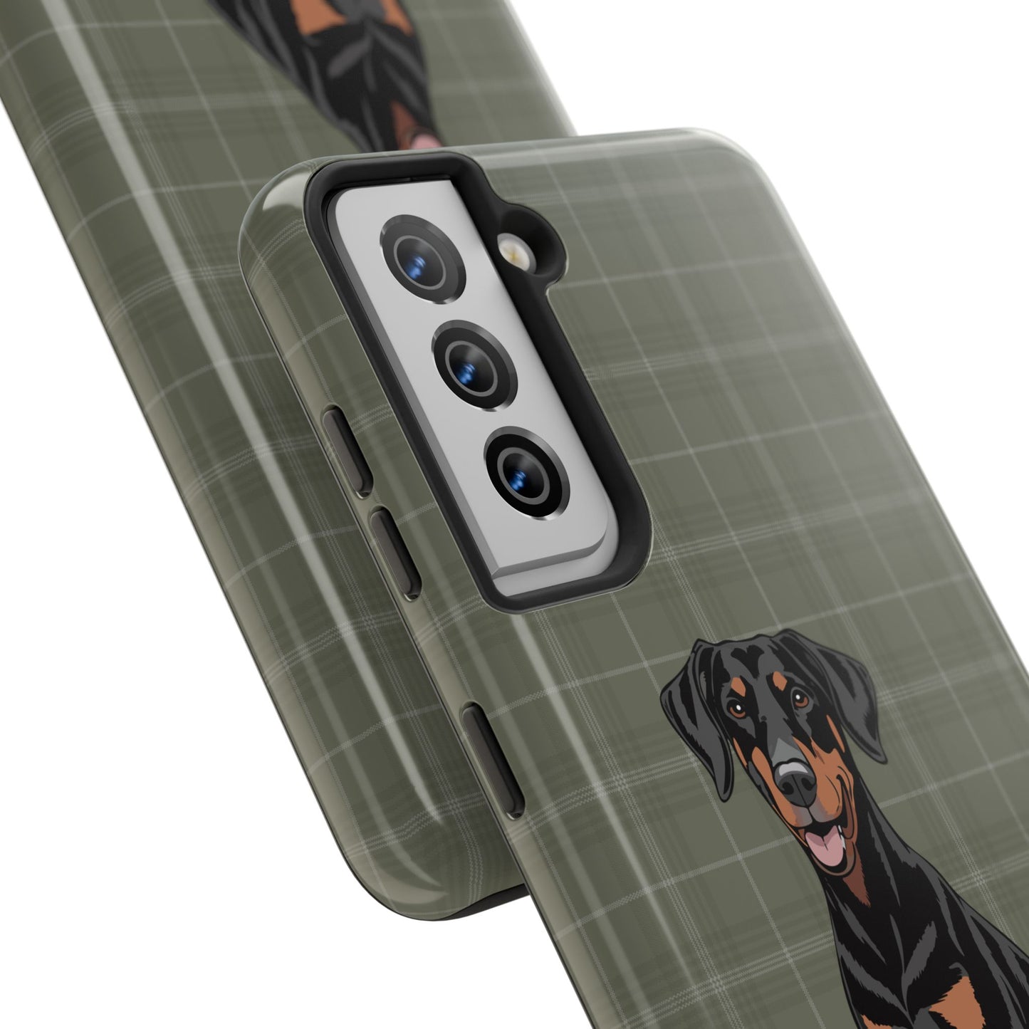 Doberman Pinscher Dog Phone Case, Tough Phone Cases Pet Dogs Green Plaid Pattern