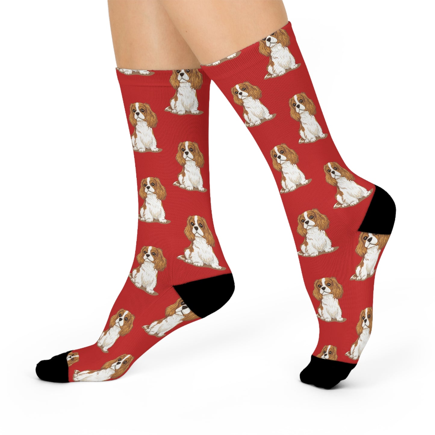 Blenheim Cavalier King Charles Spaniel Dog Pattern Red Cushioned Crew Socks with Pet Dogs Cavalier Puppy Print