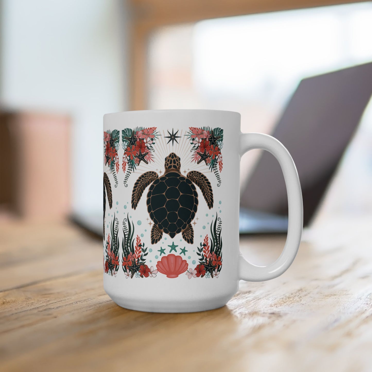 Tropical Sea Turtle Illustration Mug | Hawaiian Floral Marine Life Ceramic Coffee Mugs 15oz, Starfish, Coral, Shells, Flowers