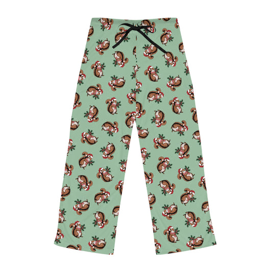 Christmas Squirrel Women's Pajama Pants, Festive Holiday Xmas Squirrels In Santa Hat Comfy Drawstring Pajamas, Cozy Winter Pajama Bottoms