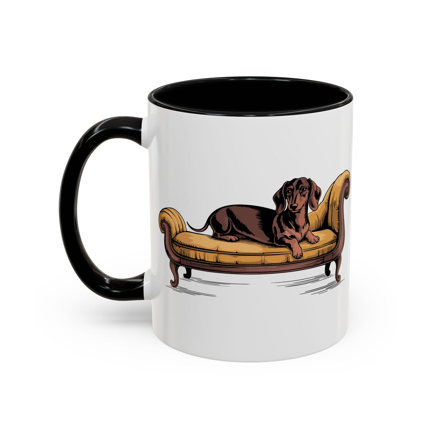 Dachshund Dog on Vintage Yellow Chaise Lounge Mug | Wiener Dogs Black Accent Ceramic Coffee Mugs