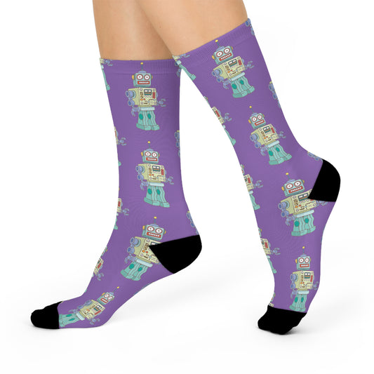 Robot Purple Cushioned Crew Socks with Robot Design Mens Womens Socks