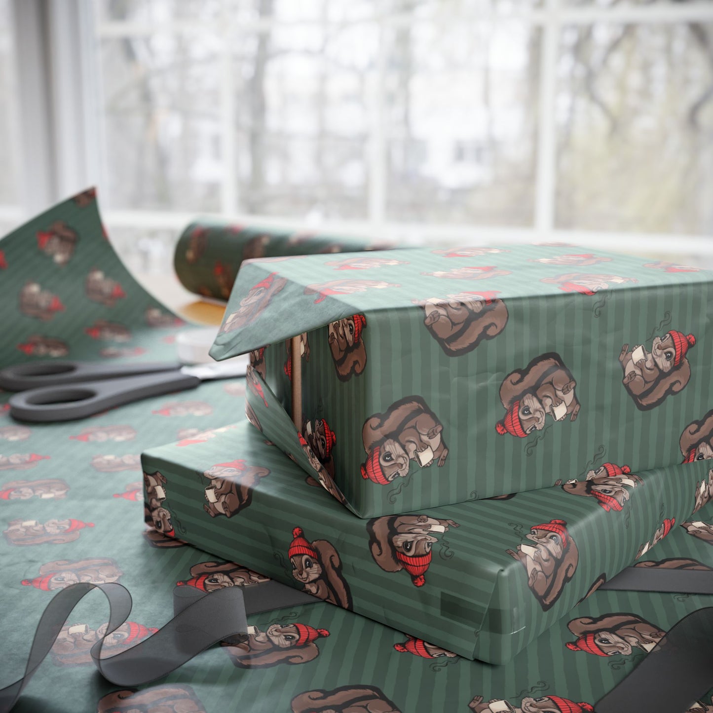 Cozy Squirrel Holiday Wrapping Paper, Cute Animal Green Striped Christmas Gift Wrap Roll Woodland Squirrels Pattern, Matte Finish