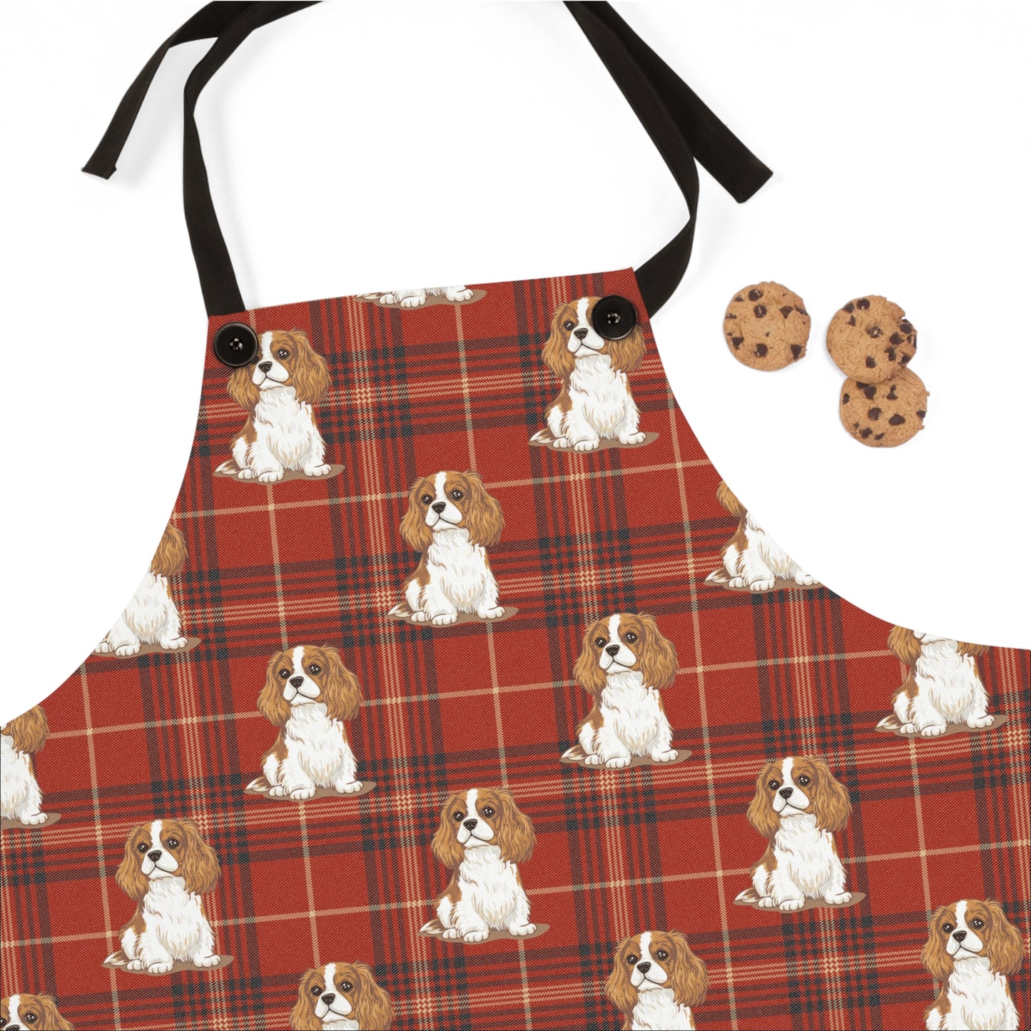 Blenheim Cavalier King Charles Spaniel Dogs Apron | Red Tartan Plaid Dog Pattern Home Cook Kitchen Aprons
