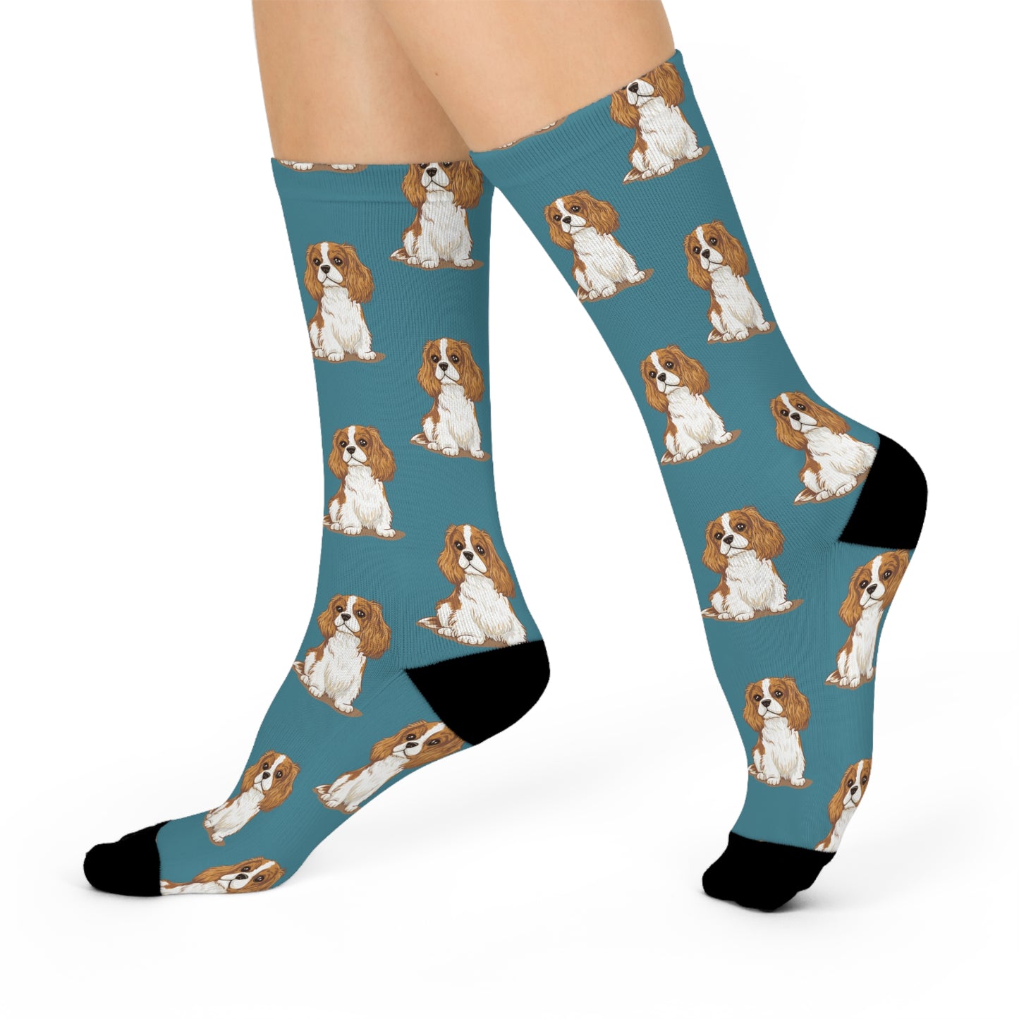Blenheim Cavalier King Charles Spaniel Dog Socks, Cavalier Spaniels Novelty Cushioned Crew Socks, Pet Dogs Cavaliers Puppy Print