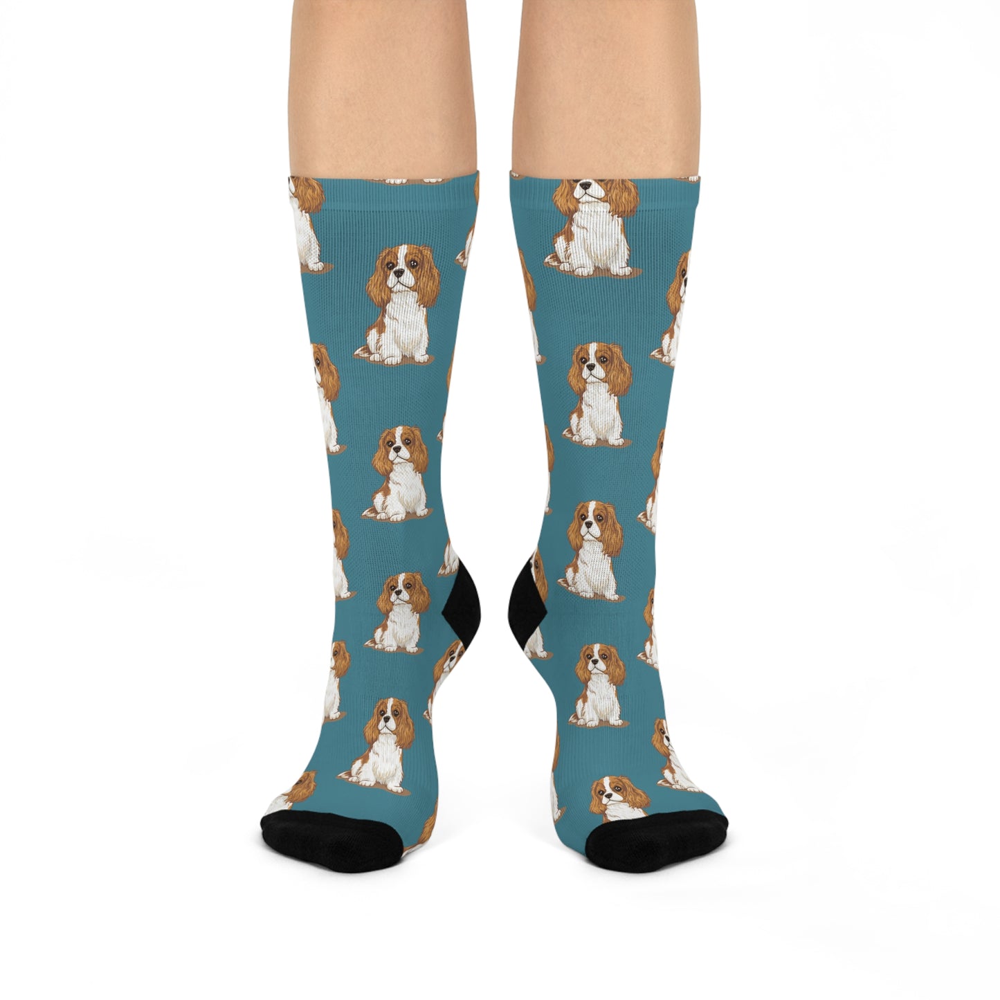Blenheim Cavalier King Charles Spaniel Dog Socks, Cavalier Spaniels Novelty Cushioned Crew Socks, Pet Dogs Cavaliers Puppy Print