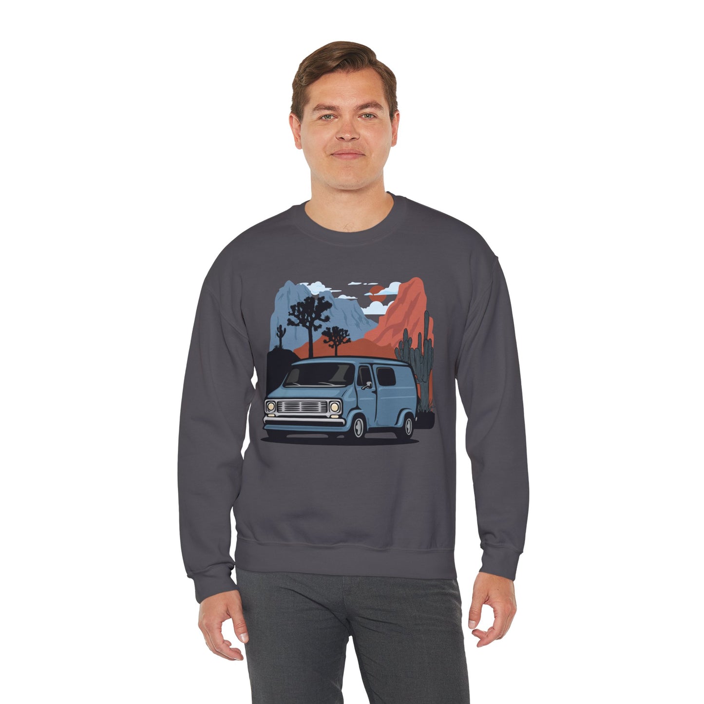 Arizona Desert Vanlife Camper Van Sweatshirt - Long Sleeve Crew Neck Sweater Retro Van in Joshua Tree & Cactus Landscape