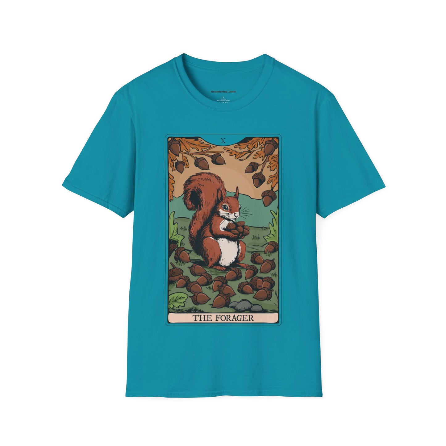 The Forager Squirrel Tarot Card T-shirt Softstyle Graphic Tee with Nut Foraging Squirrels Tarot Card Print