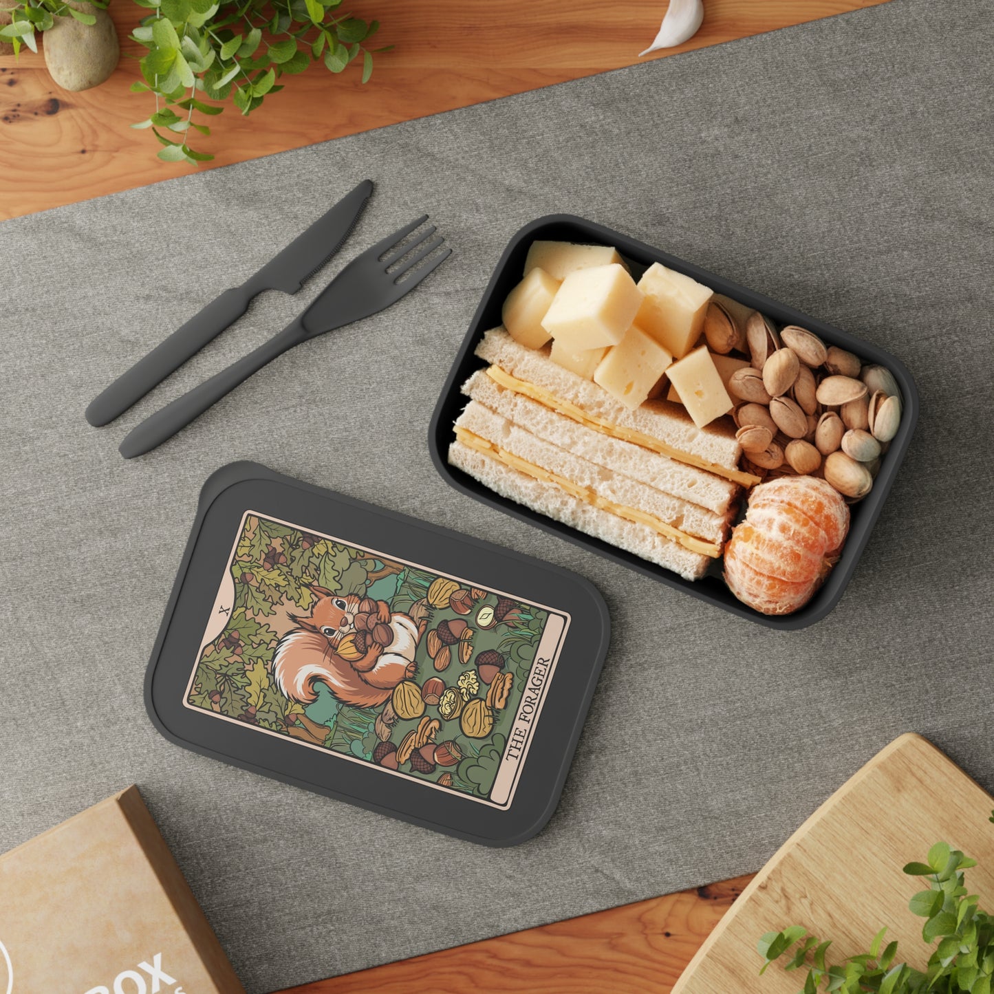 Forager Squirrel and Acorns Tarot Card Illustration Bento Box | PLA Lunch Box with Band, Foraging Squirrels Woodland Artwork