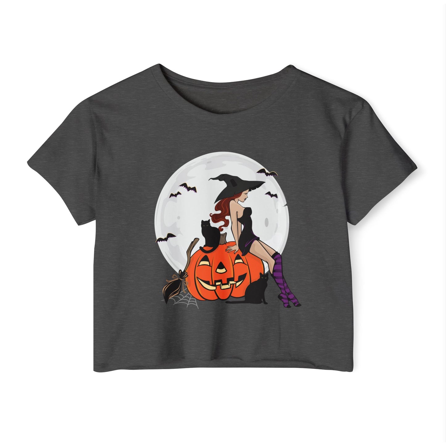 Pinup Witch Crop Top - Halloween Jack-O-Lantern Pumpkin Women's Festival Cropped Tee Wtichy Gothic Crop T-shirt
