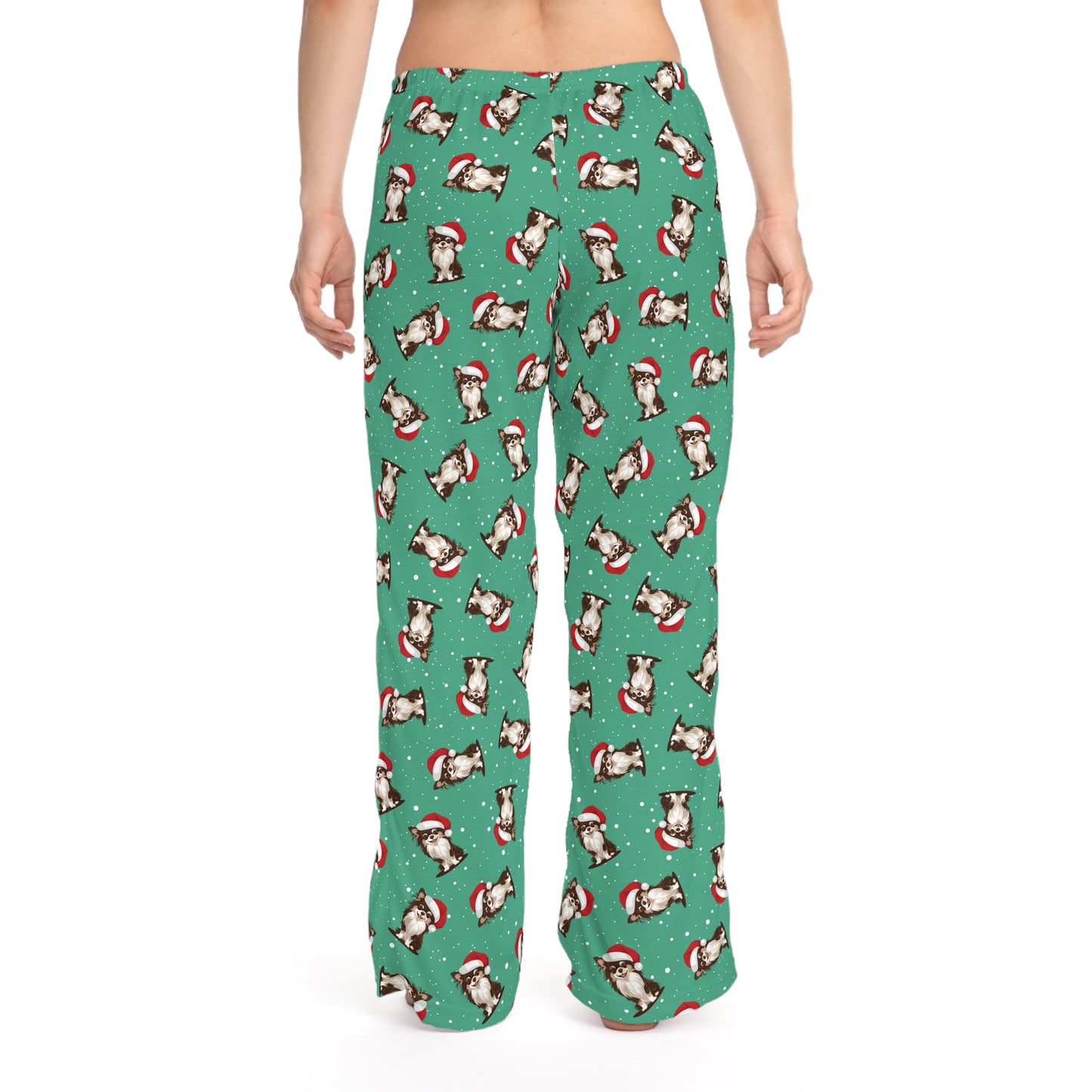 Christmas Long Haired Chihuahua Dog Women's Pajama Pants, Holiday Xmas Dogs In Santa Hat Drawstring Pajamas, Winter Pajama Bottoms