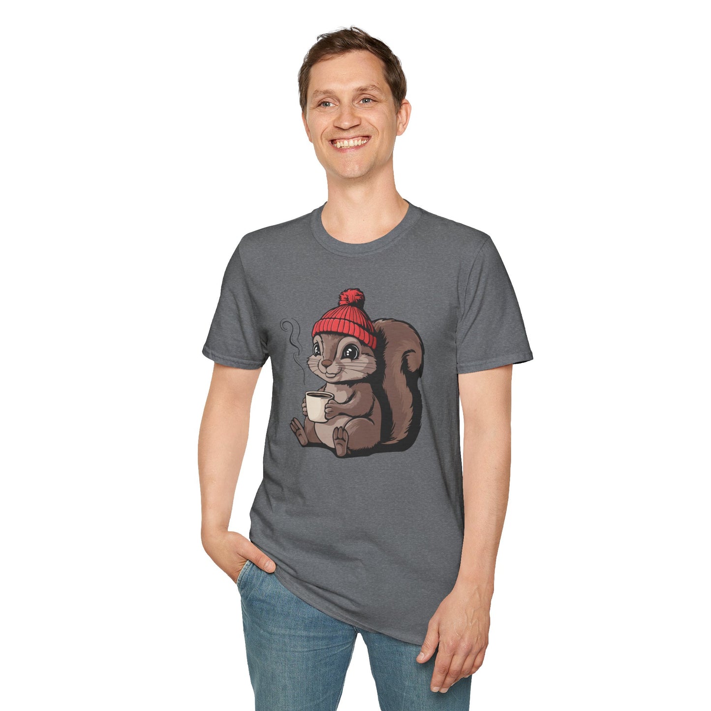 Cozy Squirrel Soft T-shirt Softstyle Tee with Squirrel in Beanie with Cup Of Coffee Graphic Print