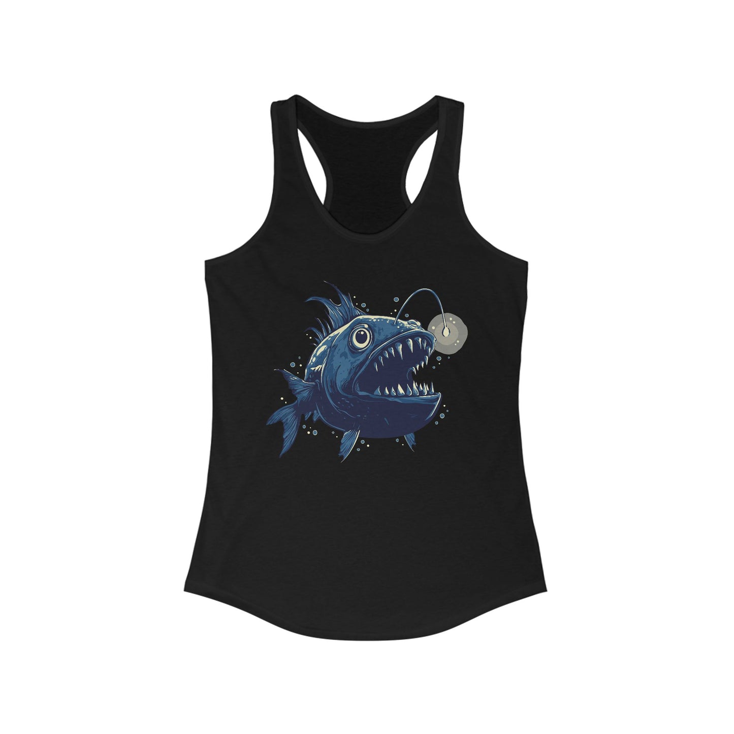 Deep Sea Anglerfish Womens Racerback Tank Top, Aquatic Ocean Life Angler Fish Bioluminescent Lure Ladies Sleeveless Shirt
