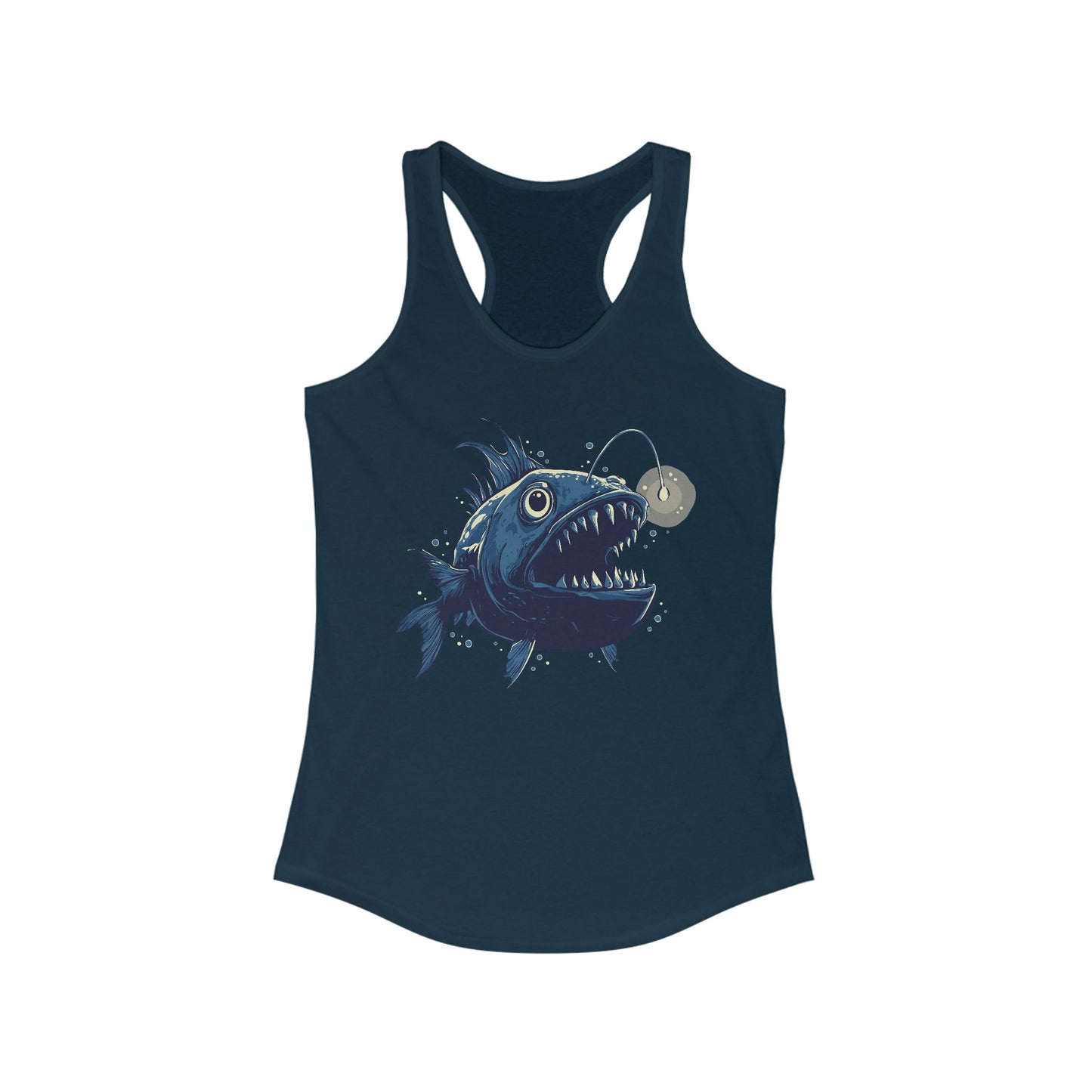 Deep Sea Anglerfish Womens Racerback Tank Top, Aquatic Ocean Life Angler Fish Bioluminescent Lure Ladies Sleeveless Shirt