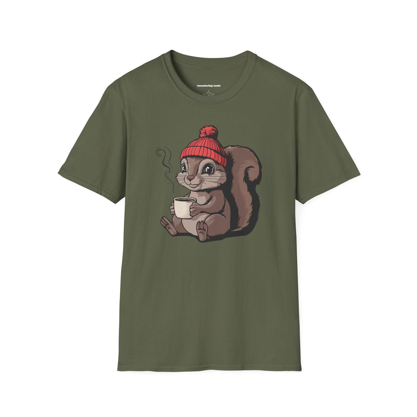 Cozy Squirrel Soft T-shirt Softstyle Tee with Squirrel in Beanie with Cup Of Coffee Graphic Print