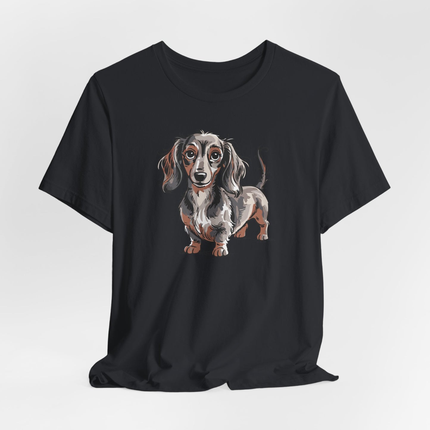 Long Haired Dachshund Dog Illustration T-shirt | Cute Wiener Dogs Tee, 100% Cotton Short Sleeve Shirts