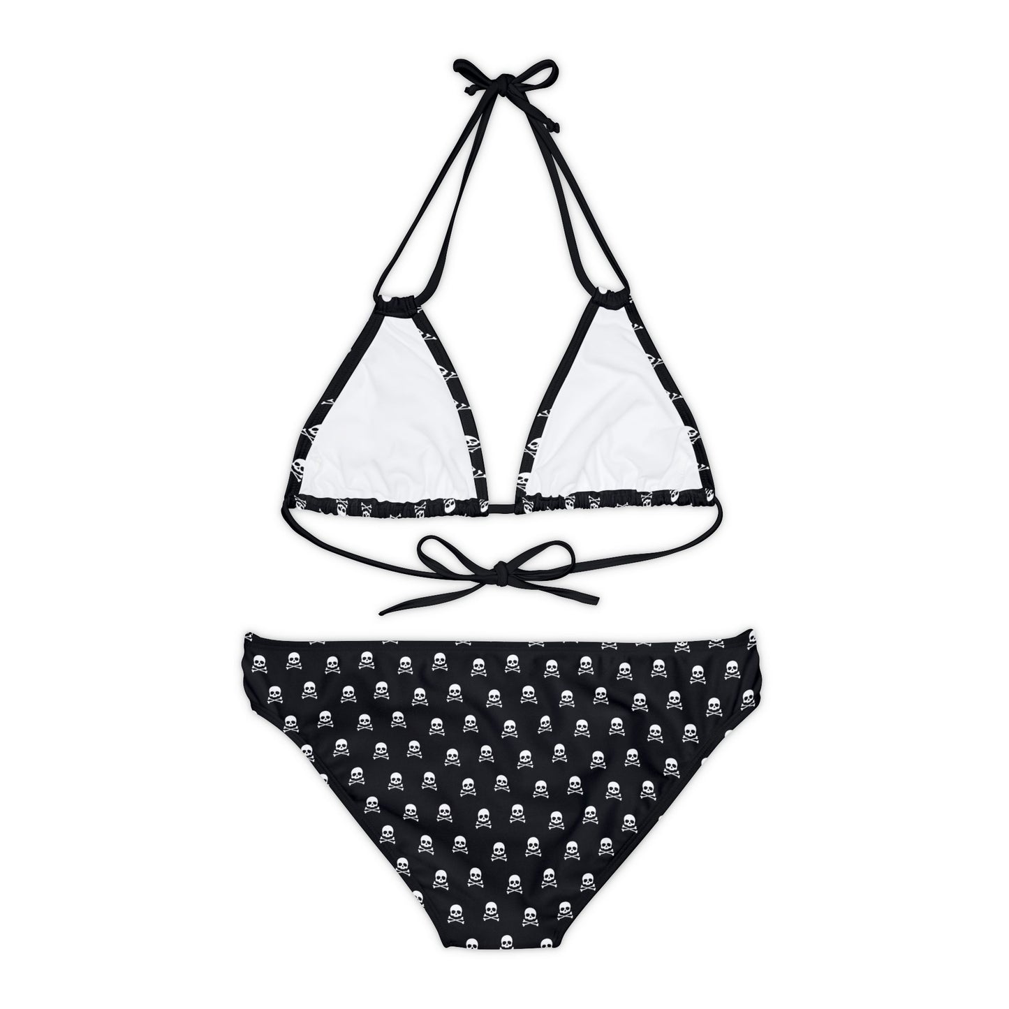 Black Skull & Crossbones Strappy Bikini Set - 2 Piece Swimwear Top and Bottom Set with Goth Skulls Print