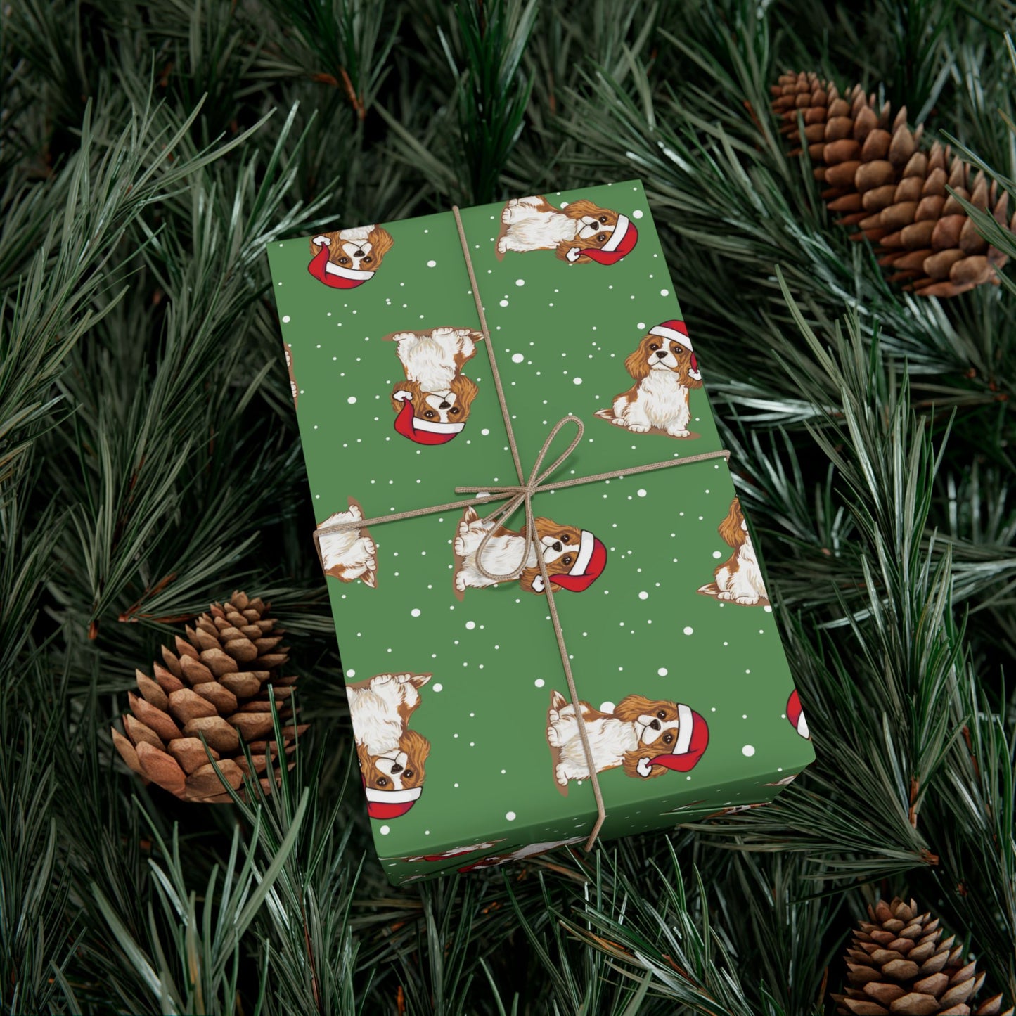 Blenheim Cavalier King Charles Spaniel Dog Christmas Wrapping Paper, Dogs Print, Green Holiday Gift Wrap With Snowy Xmas Puppy Santa Hat